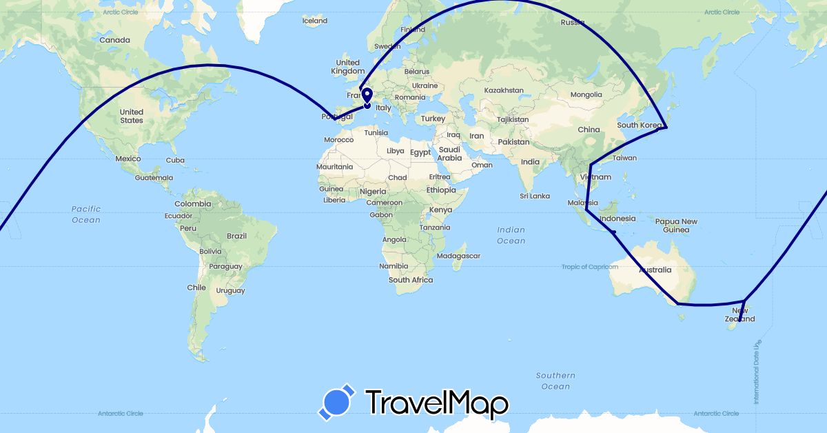 TravelMap itinerary: driving in Australia, France, Indonesia, Japan, New Zealand, Portugal, Singapore, United States, Vietnam (Asia, Europe, North America, Oceania)